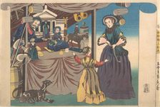 Color Print of a Copperplate Picture of a Toy Shop, 1860. Creator: Sadahide Utagawa