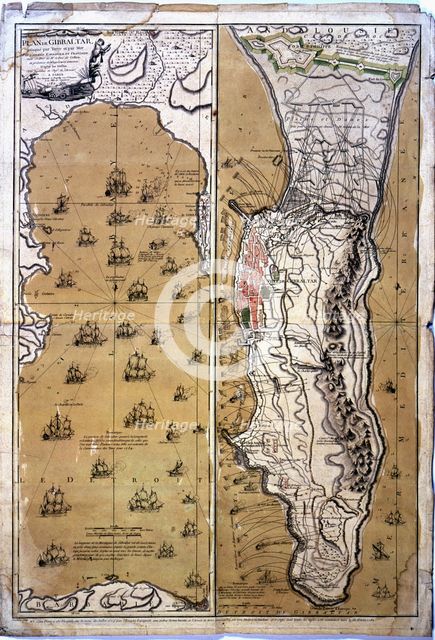 Colored drawing of the bay and the territory of Gibraltar during the naval battle that Spain and …