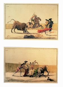 Colored Engravings by Antonio Carnicero, Plate VIII, Suerte de Banderillas Plate IX: Suerte d…