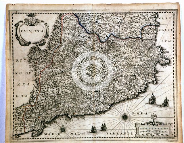 Colored map of Catalonia, from the 'Geographia Blaviana' or 'Theatrum Orbis sive Terrarum Atlas N…