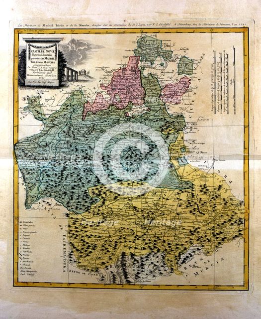 Colored map of Madrid and Castilla - La Mancha, engraved in Nuremberg 1781 by the heirs of Homann…