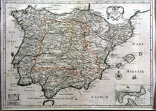 Colored map of Spain, 1682, with the island and tunny fisheries of Cadiz in a box