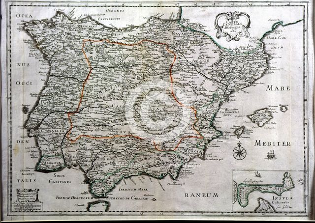 Colored map of Spain, 1682, with the island and tunny fisheries of Cadiz in a box.