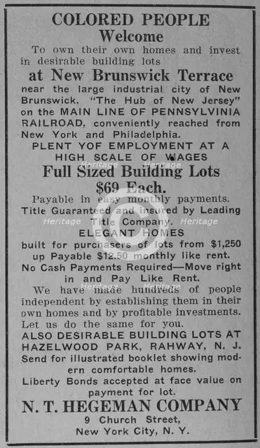 Colored people welcome to own their own homes and invest in desirable building..., 1918-1922. Creator: Unknown.
