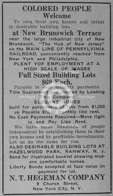 Colored people welcome to own their own homes and invest in desirable building..., 1918-1922. Creator: Unknown.