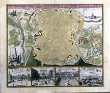 Colored plan of Madrid, hand engraving. Austria, c. 1710, by C. Lotter