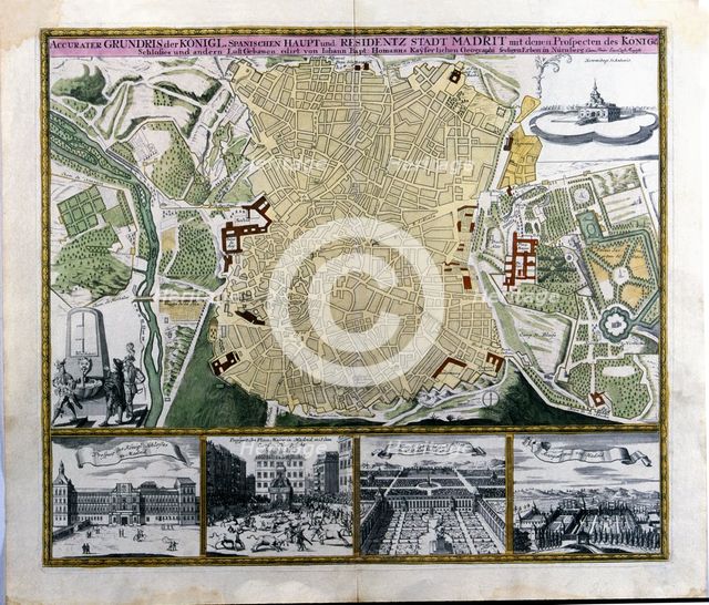 Colored plan of Madrid, hand engraving. Austria, c. 1710, by C. Lotter.