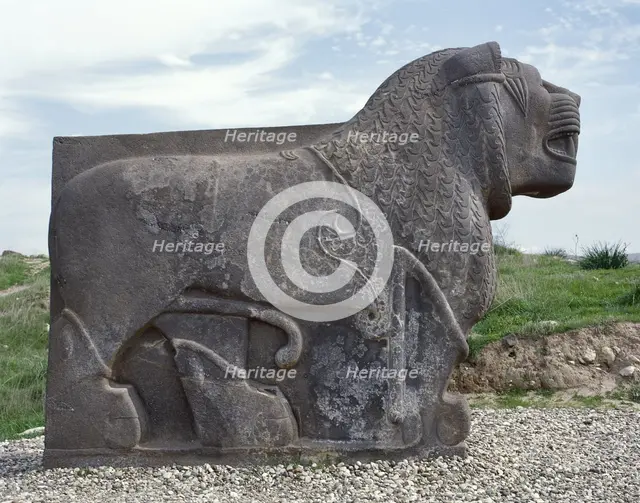 Colossal basalt lion, Neo-Hittite, Ain Dara Temple, Syria, 10th to 8th century BC.  Creator: LTL.
