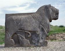 Colossal basalt lion, Neo-Hittite, Ain Dara Temple, Syria, 10th to 8th century BC. Creator: LTL