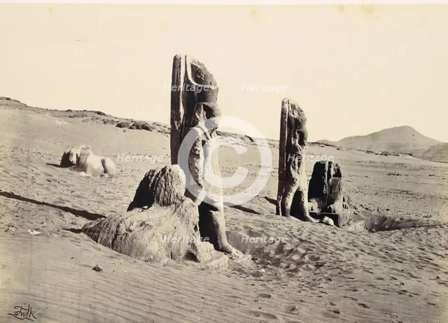 Colossi and Sphynx at Wady Saboua, 1857. Creator: Francis Frith.
