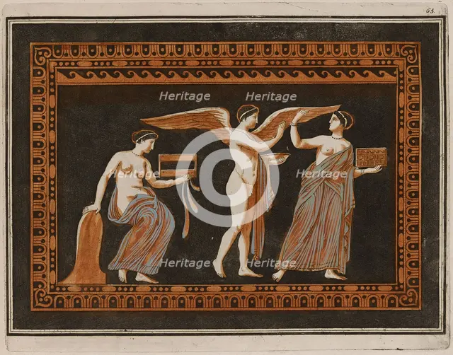 Colour plate of Eros and two woman (possibly Aphrodite?), 1766 [-1767].  Creator: Unknown.