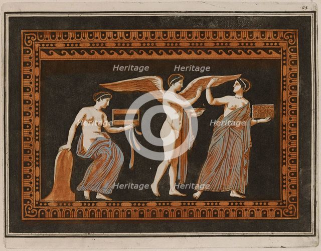 Colour plate of Eros and two woman (possibly Aphrodite?), 1766 [-1767].  Creator: Unknown.