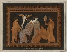 Colour plate of woman, Eros and youth, from an attic pelike, 1766 [-1767]. Creator: Unknown