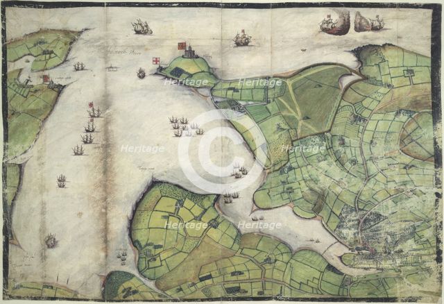 Coloured manuscript plan of Falmouth Haven, or Harbour, 1579. Creator: Christopher Saxton.