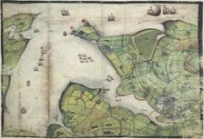 Coloured manuscript plan of Falmouth Haven, or Harbour, 1579. Creator: Christopher Saxton