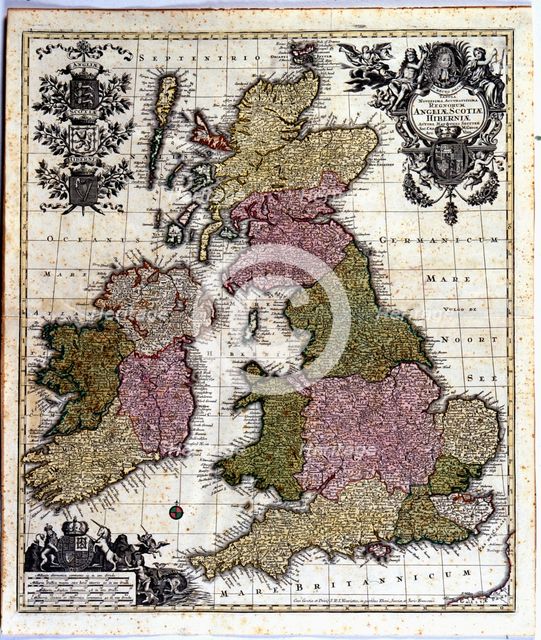 Coloured map of England, Ireland and Scotland, 1780.  Creator: Seutter, Georg Matthew (1678-1757).