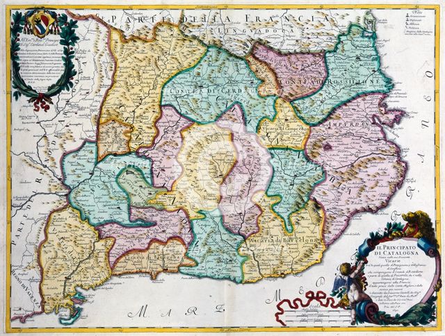 Coloured map of the Principality of Catalonia, Rome, 1690. Creator: Cantelli, G.; Barbey, A.; Rossi, G. G..