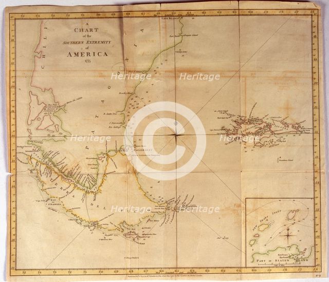 Coloured nautical chart of the end of South America with the Strait of Magellan and inset of...1775. Creator: Stratham W. (18th century).