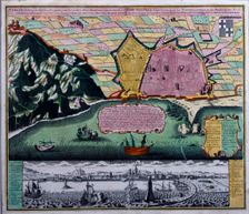 Coloured plan of the walled city of Barcelona seen from the sea, 1740. Creator: Seutter, Georg Matthew (1678-1757)