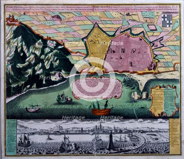 Coloured plan of the walled city of Barcelona seen from the sea, 1740. Creator: Seutter, Georg Matthew (1678-1757).