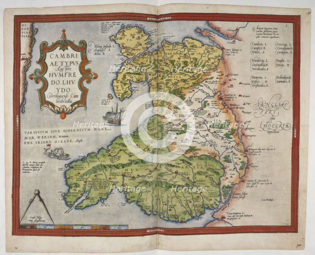 Coloured printed map of Wales and Anglesey, 1579. Creator: Christopher Saxton.