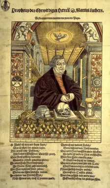 Coloured woodcut portrait of Martin Luther with verses in German, c1546. Creator: Unknown