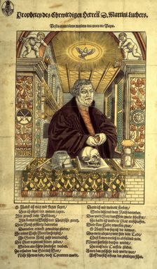 Coloured woodcut portrait of Martin Luther with verses in German, c1546. Creator: Unknown