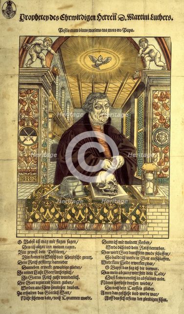 Coloured woodcut portrait of Martin Luther with verses in German, c1546.  Creator: Unknown.