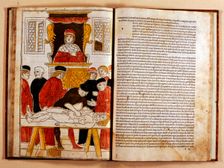 Coloured xilograph that shows for the first time the operation of a corpse dissection, 1493-1494. Creator: Johan Ketham (1415-1470)