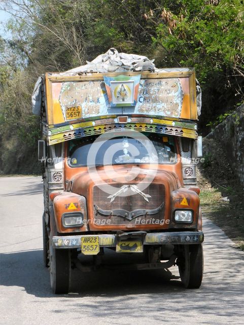 Colourful Indian lorry on road in India. Creator: Unknown.