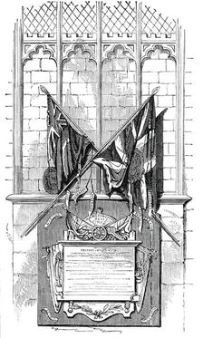 Colours of the 31st Regiment placed above the Monument to the Officers, in Canterbury, 1850. Creator: Unknown