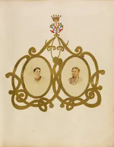 Collage of Lord and Lady Yarborough beneath Lady Yarborough's monogram, about 1864. Creator: Unknown