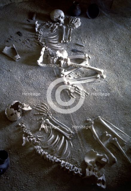 Collective burial, necropolis Ponte San Pietro (Lazio), detail of two adult skeletons of a man an…