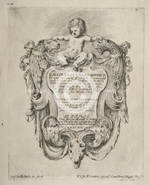 Collection of Various Caprices and New Designs of Cartouches and Ornaments: No 1, Title Page. Creator: Stefano Della Bella (Italian, 1610-1664).