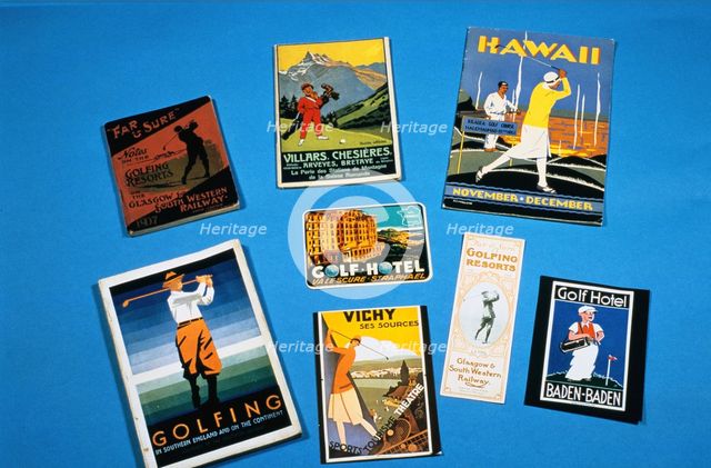 Collection of golfing travel pamphlets and luggage labels, c1900-1940. Creator: Unknown.