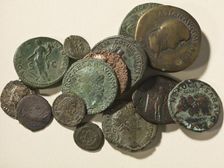 Collection of Roman coins found at Richborough Roman Fort, Kent, 2012. Artist: Historic England Staff Photographer