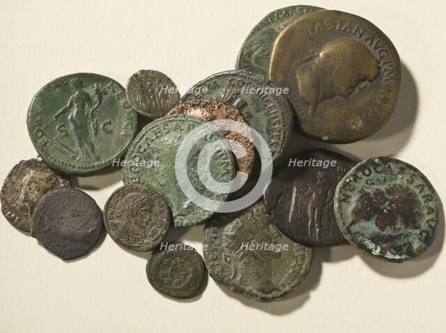 Collection of Roman coins found at Richborough Roman Fort, Kent, 2012. Artist: Historic England Staff Photographer.