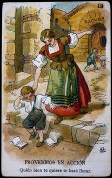 Collection of stickers Proverbs in action number 19, 1904. Creator: Mestres, Apeles (1854 - 1936)