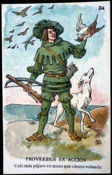 Collection of stickers Proverbs in action number 24, 1904. Creator: Mestres, Apeles (1854 - 1936)