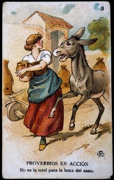 Collection of stickers Proverbs in action number 3, 1904. Creator: Mestres, Apeles (1854 - 1936)