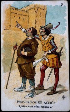 Collection of stickers Proverbs in action number 3, 1904. Creator: Mestres, Apeles (1854 - 1936)