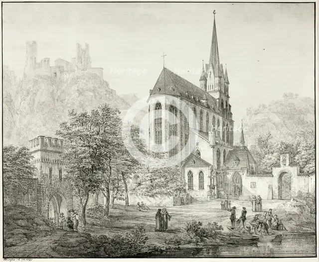 Collegiate Church of Our Lady, with Castle Schoenberg at Oberwesel on the Rhine, 1822. Creator: Domenico Quaglio II.