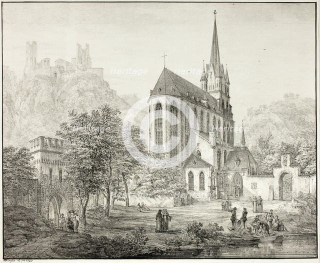 Collegiate Church of Our Lady, with Castle Schoenberg at Oberwesel on the Rhine, 1822. Creator: Domenico Quaglio II.