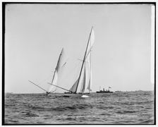Columbia crossing the line, Shamrock I astern, 1899 Oct 7. Creator: Unknown