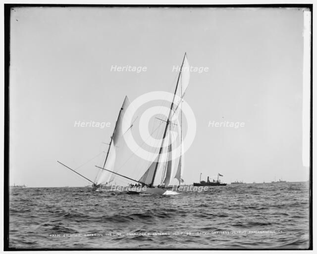 Columbia crossing the line, Shamrock I astern, 1899 Oct 7. Creator: Unknown.