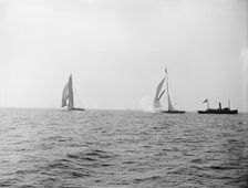 Columbia and Shamrock I after the start, Oct. 19, 99, 1899 Oct 19. Creator: Unknown