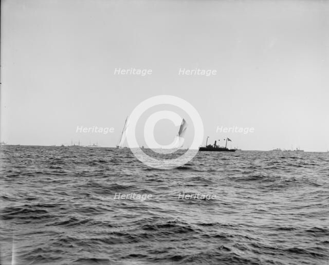 Columbia and Shamrock I, ready for the start, Oct. 7, '99, 1899 Oct 7. Creator: Unknown.