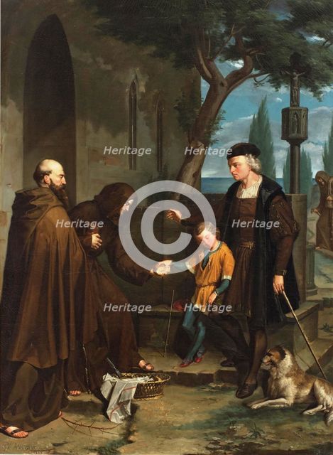 Columbus at the Convent of Santa María de la Rábida, asking for bread and water ...1858. Creator: Benito Mercade y Fabregas.