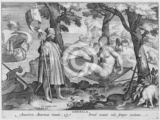 Columbus 'discovering America', 1492, (c1600). Creator: Theodoor Galle.