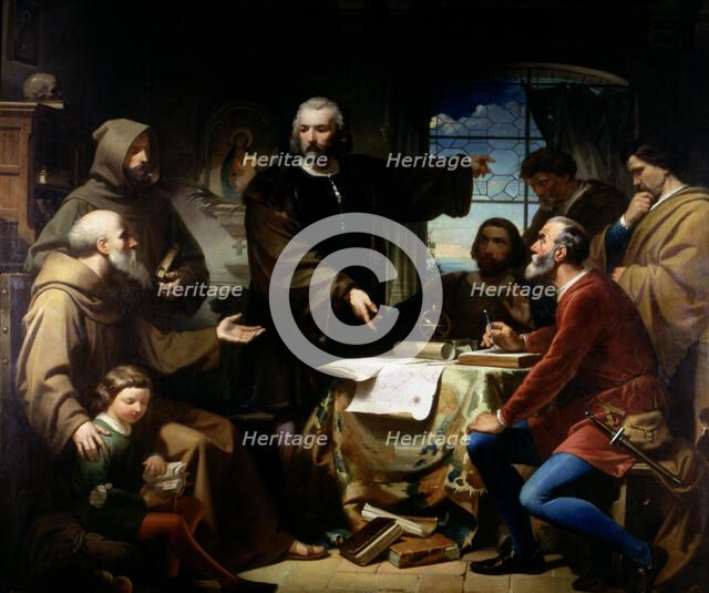 Columbus in the Rabida', oil of 1856,  Christopher Columbus (1451-1506) Italian navigator in the …